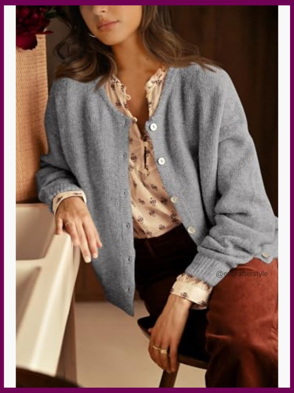 Long Sleeve Crewneck Button Down Chunky Knit Cardigan Sweater Open Front - Picture 5 of 7